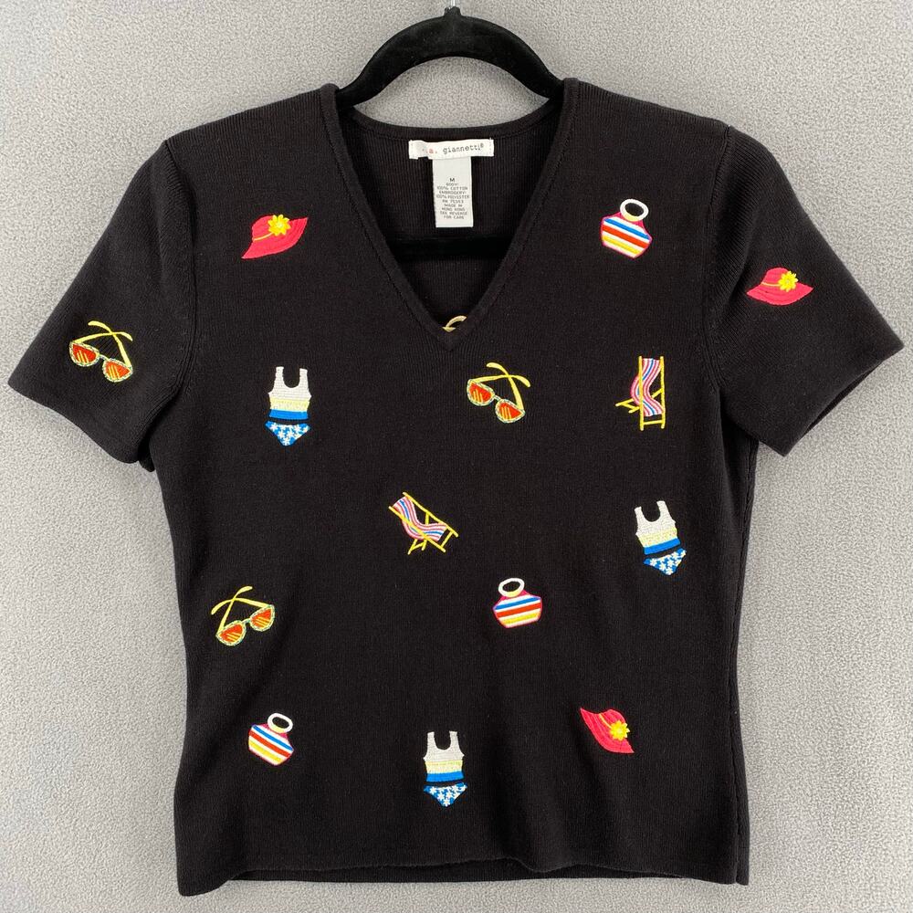 A Giannetti Embroidered Novelty Summer V Neck Top Womens M Black Cotton‎ Whimsy